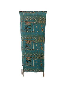 VTG Zazou Scarf Eye Of Horus & Egyptian Inspired Teal W/Bead Tassels New #I-8